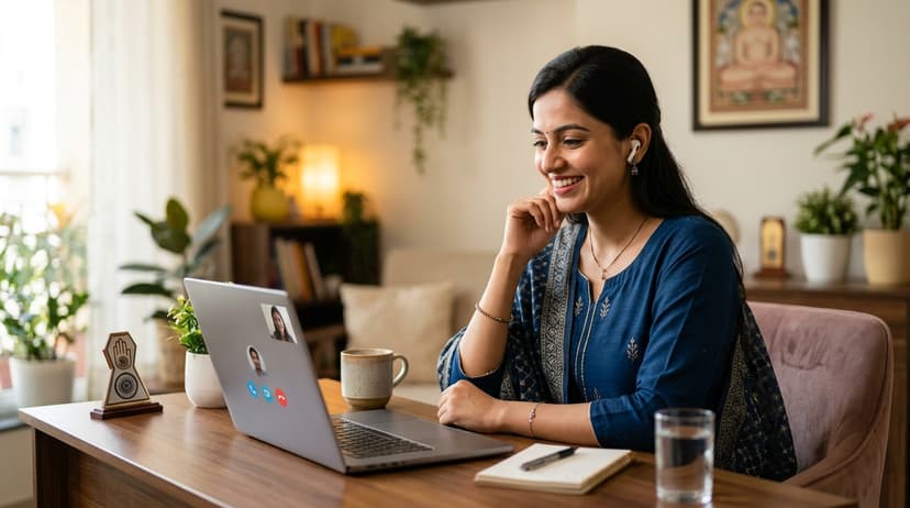 Couple talking on the phone during a Jain matrimony call.