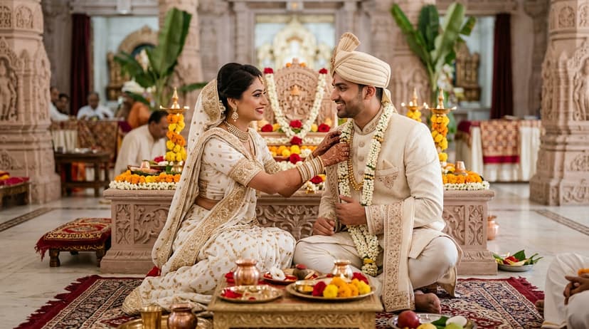 Couple taking vows during a Jain wedding ceremony