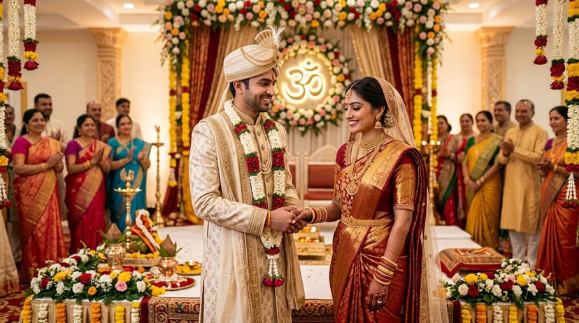 Jain couple smiling and holding hands