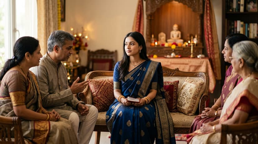 Couple discussing marriage with family