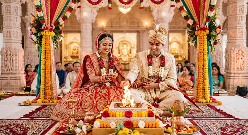 Couple taking vows during a Jain wedding ceremony